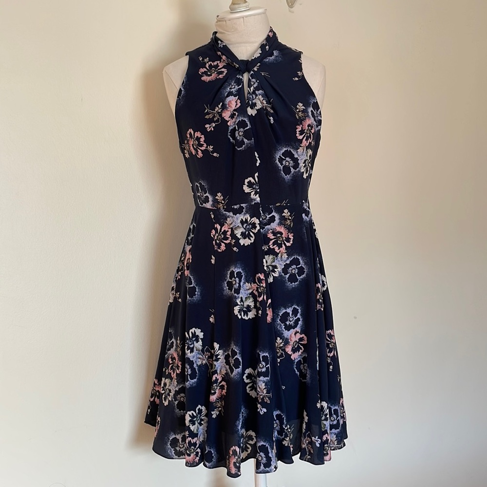 Rebecca Taylor Navy Floral Keyhole Silk A-line Dress